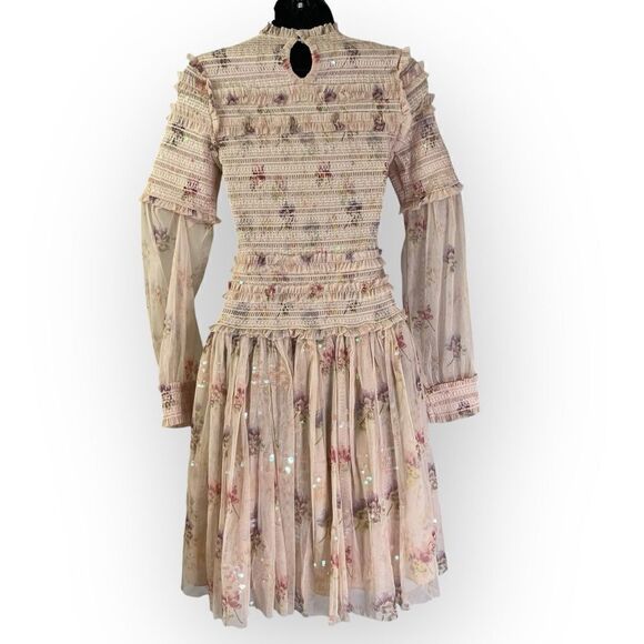 Needle & Thread Sequin Mini Dress with Sheer Sleeves in Dusty Mauve Pink Floral - Picture 2 of 15
